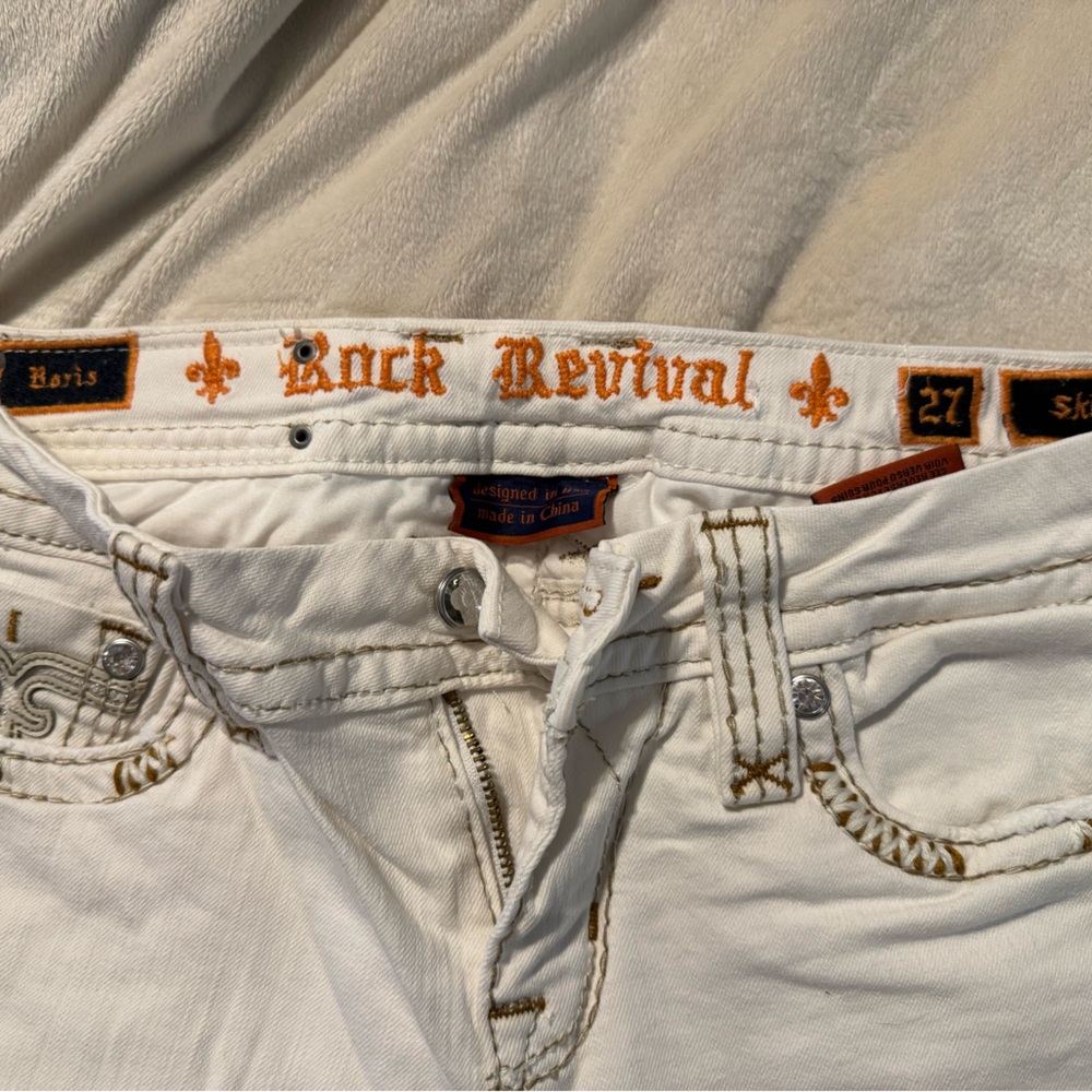 Rock Revival Cream Jeans with Orange Stitching